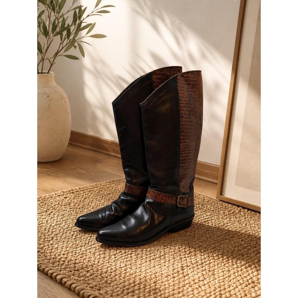 Bandolino Italy Black Brown Leather Lizard Embossed Riding Boots Womens 7.5